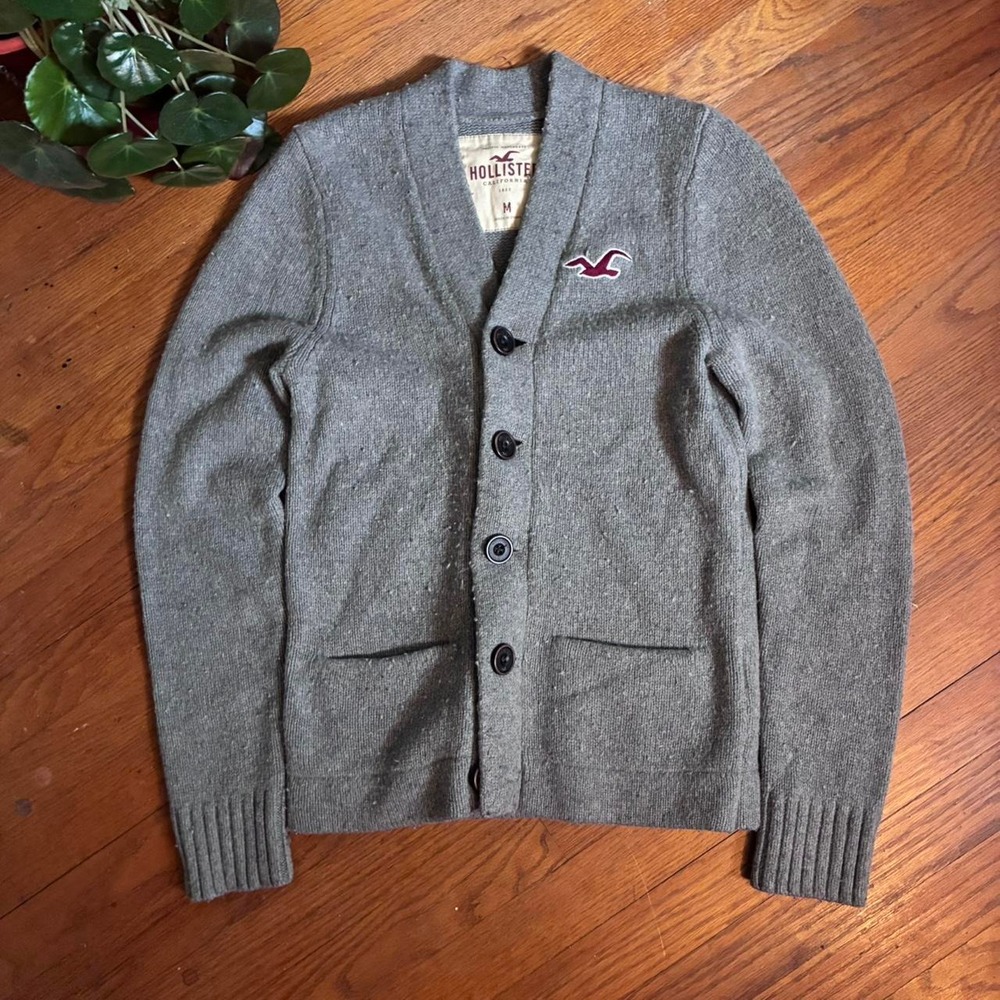 Hollister Mens Gray Shawl Collar Cardigan Sweater Y2K Logo Size M